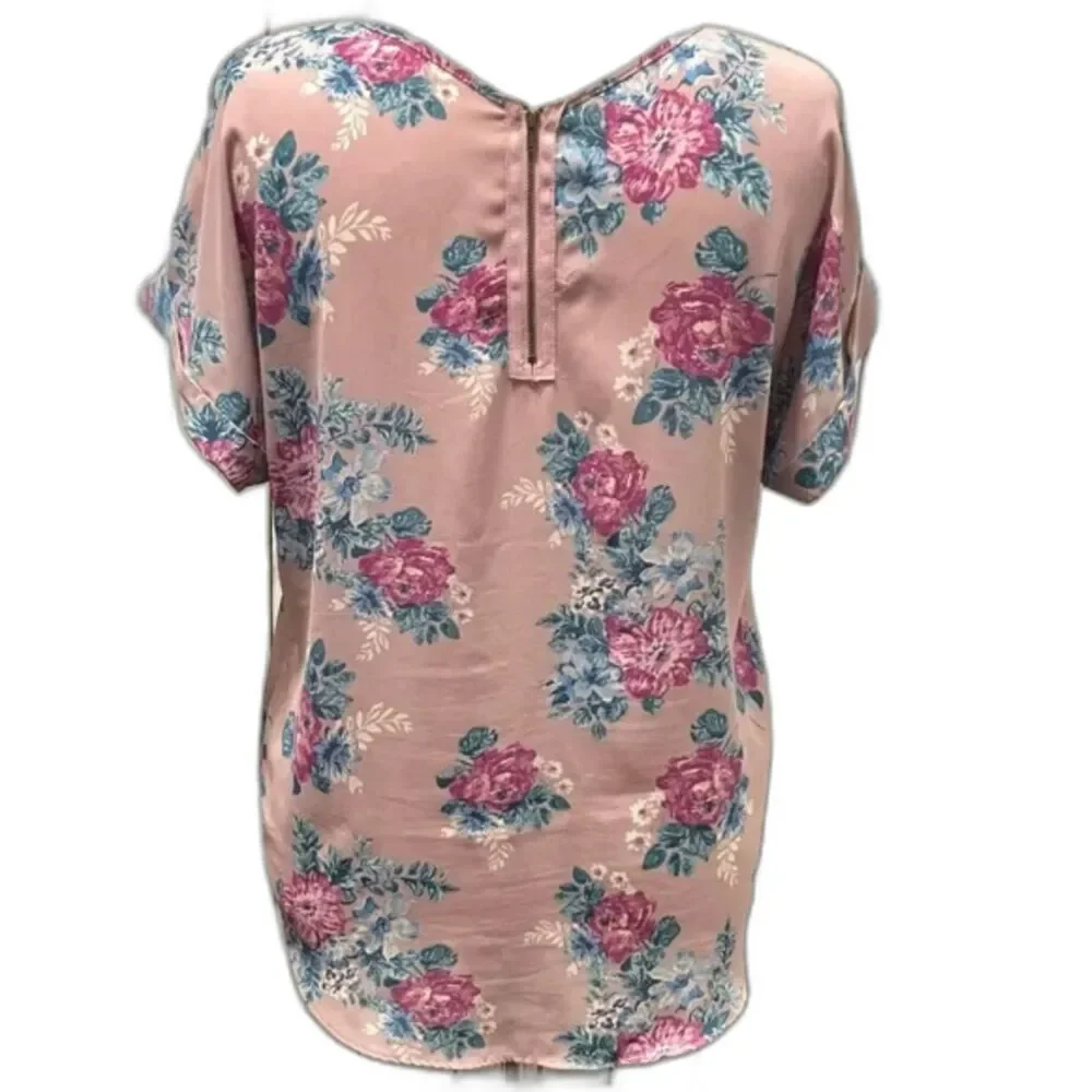 HIPPIE ROSE Junior’s Back-Zip Cuff-Sleeved Top, Purple Floral Size L - Picture 6 of 6